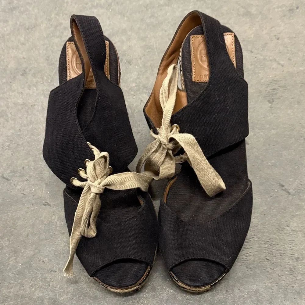Tory Burch Black and Tan Espadrille Wedges